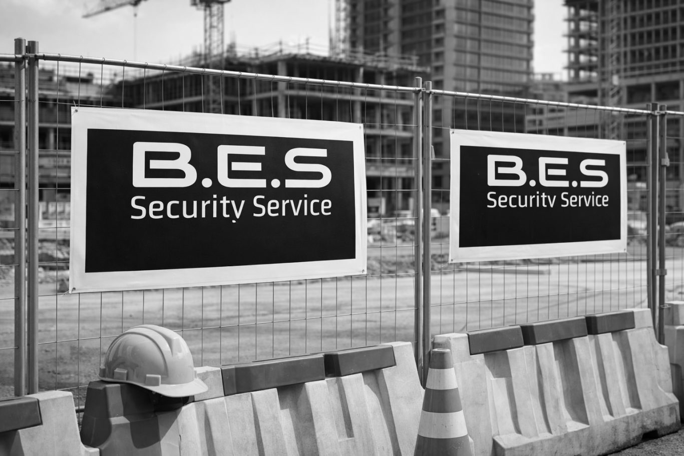 Baustellenbewachungen Zwei Schilder mit dem Text "B.E.S. Security Service" an einem Baustellenzaun.