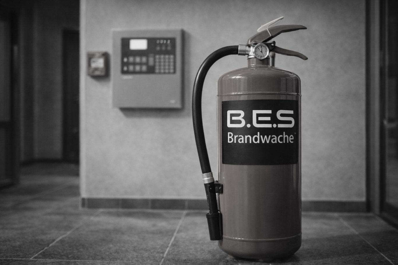 Brandwache Roter Feuerlöscher mit der Aufschrift „B.E.S. Brandschutz“ neben einem Brandmeldesystem.