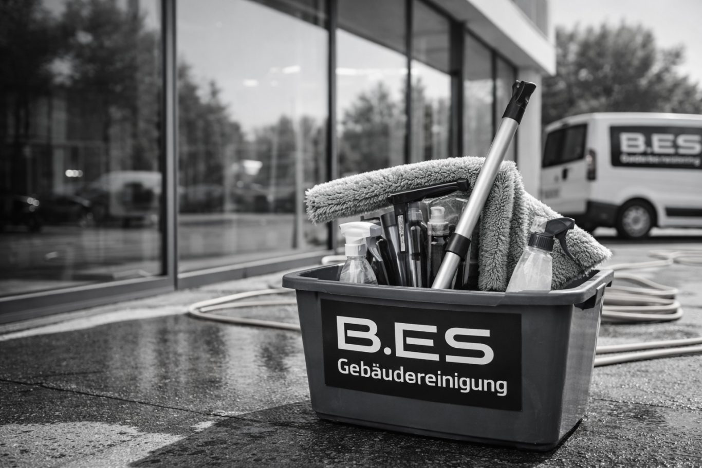 Glas- und Fensterreinigung Eimer mit Reinigungsutensilien vor einer Glasfassade und einem Fahrzeug.