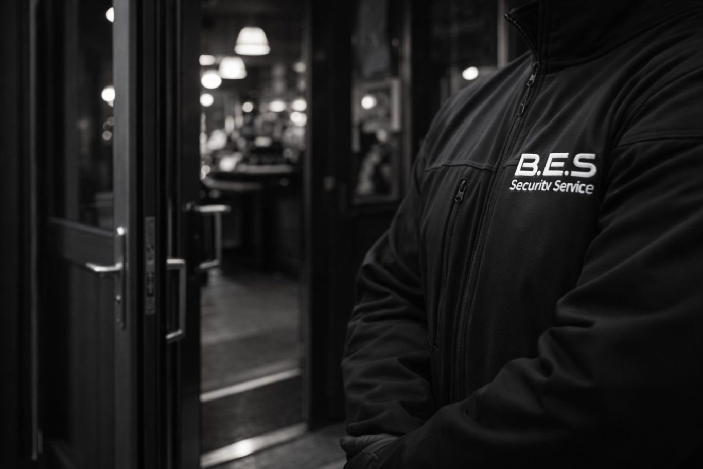 Doormen und Einlasskontrollen Ein Sicherheitsmitarbeiter steht vor einer barähnlichen Umgebung.