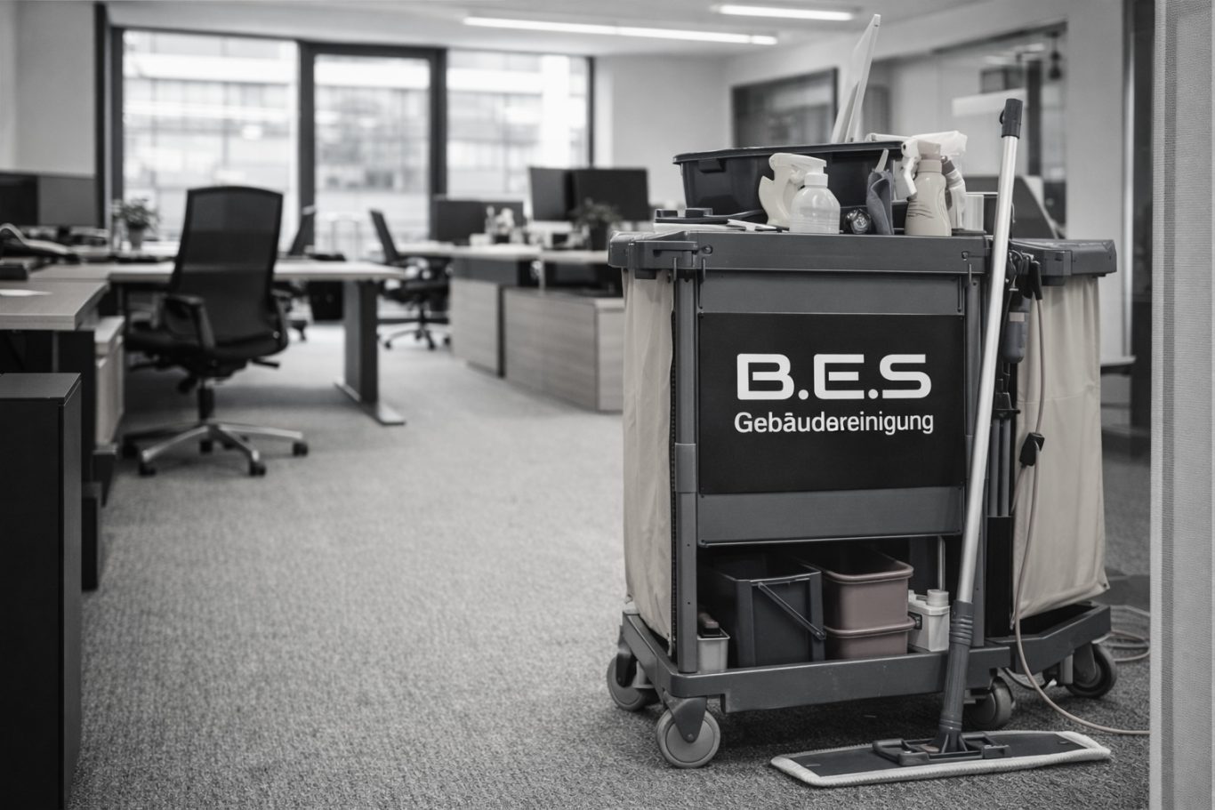 Bürounterhaltsreinigung Reinigungswagen in einem modernen Büro mit leeren Schreibtischen und Stühlen.